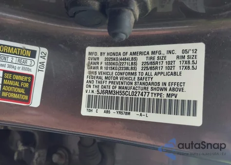 2012 Honda Cr-V Ex from USA, damaged, VIN 5J6RM3H55CL027477
